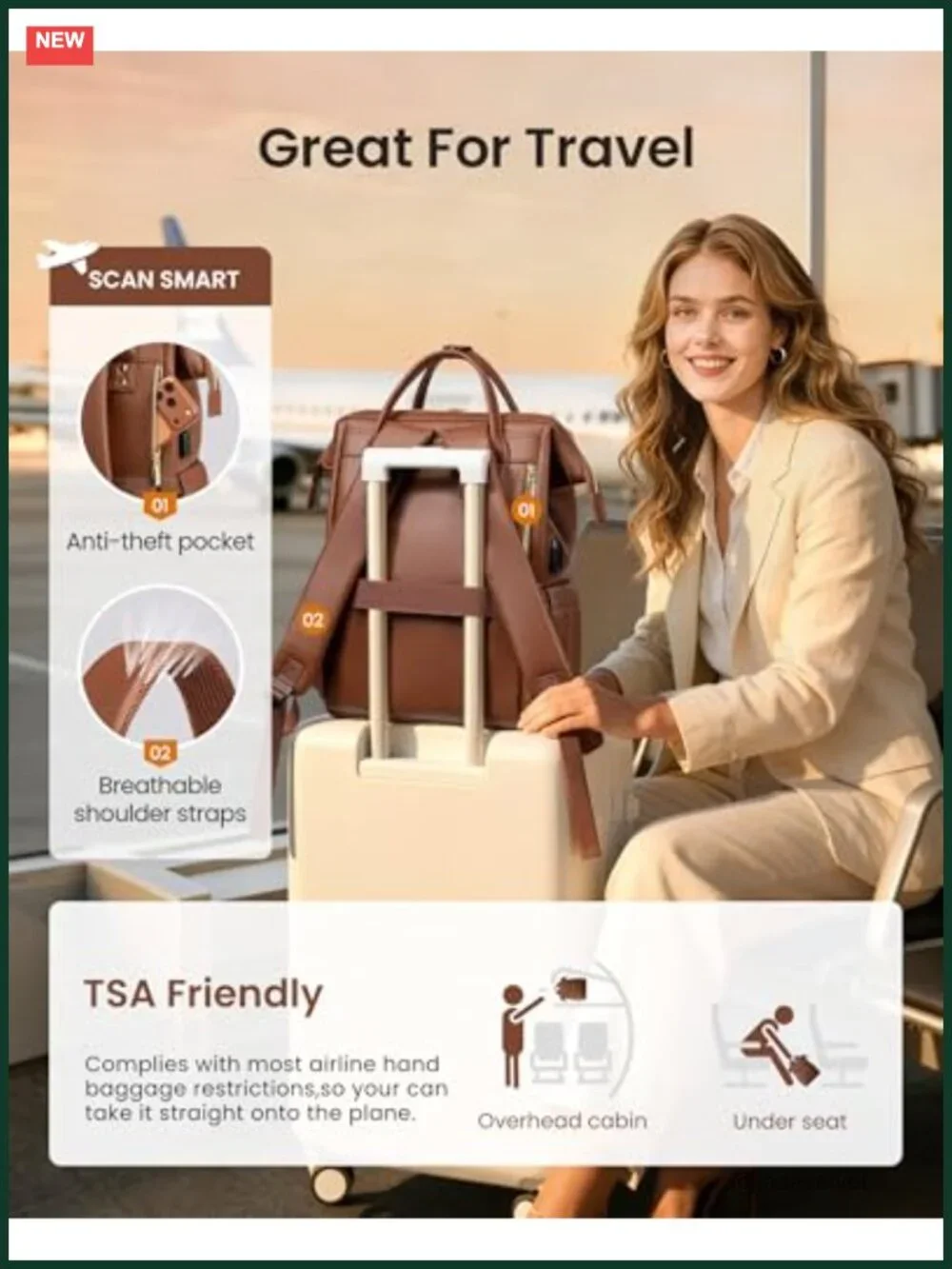 Faux Leather Laptop Backpack for Women 15.6 Inch Work Travel Bag USB Port
